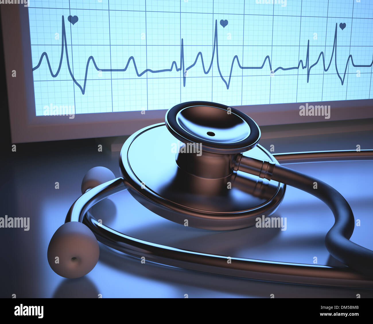 Stethoscope in front of the heartbeat monitor. Clipping path included. Stock Photo