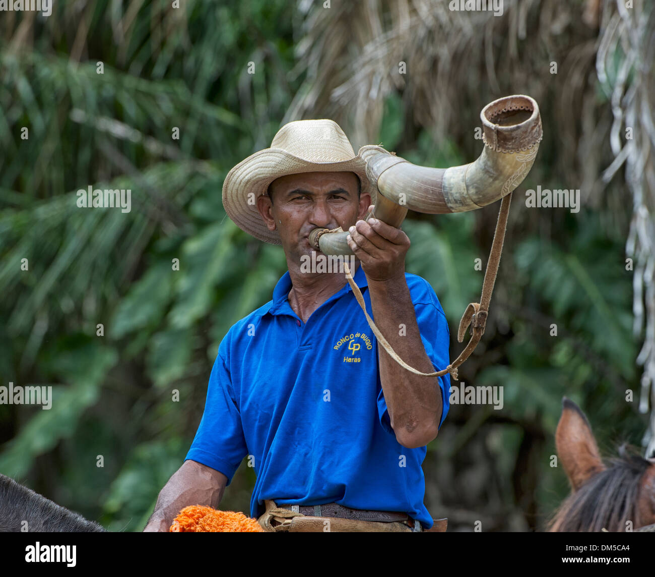 Pantaneiro cowboy blowing on cow horn, The Pantanal, Mato Grosso, Brazil Stock Photo