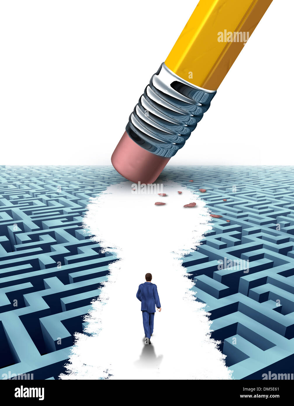 Create the key leadership Solutions with a businessman walking through a complicated maze opened up by a pencil eraser shaped as a keyhole symbol as a business concept of innovative thinking for financial success. Stock Photo