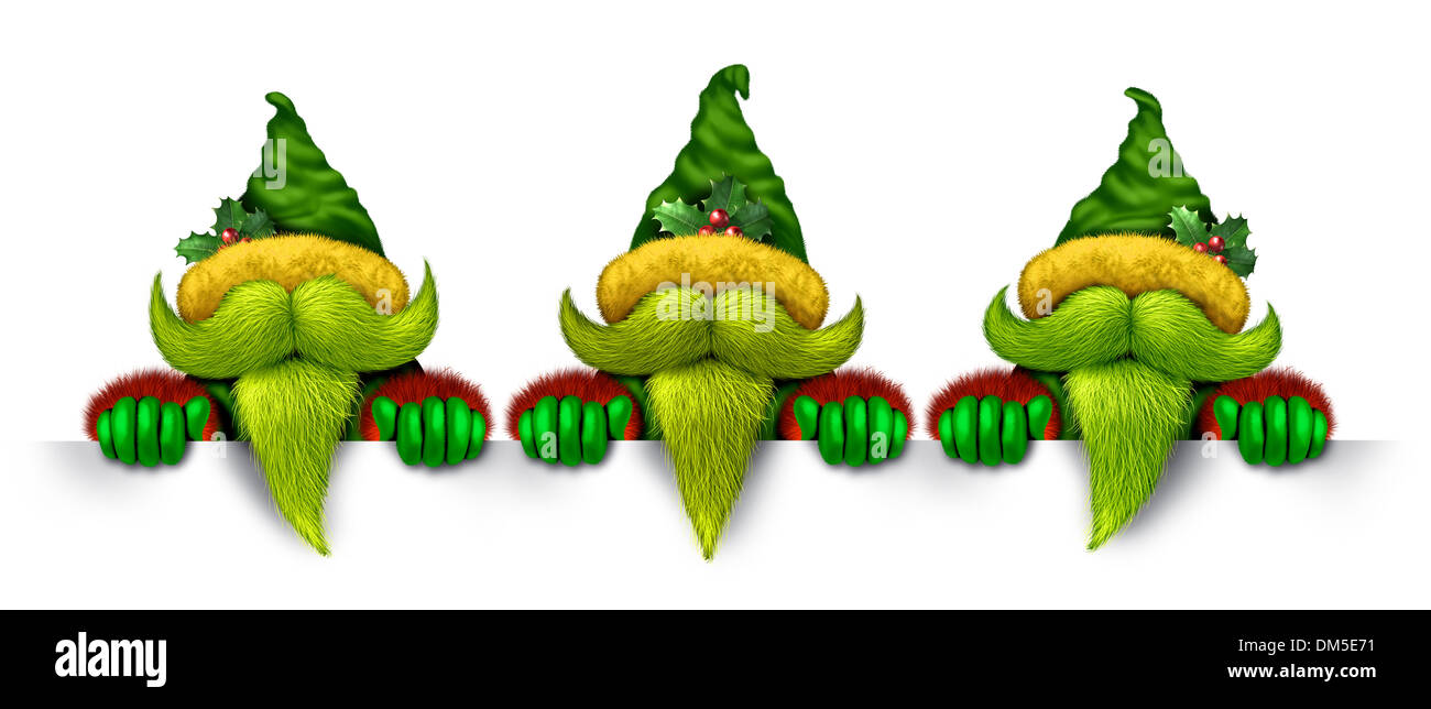 Elf banner with a group of santa claus helpers as green troll like characters with green beards as Christmas symbols with three Stock Photo