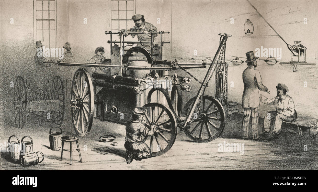 Boston Firemen Cleaning the Machine 1851 Stock Photo