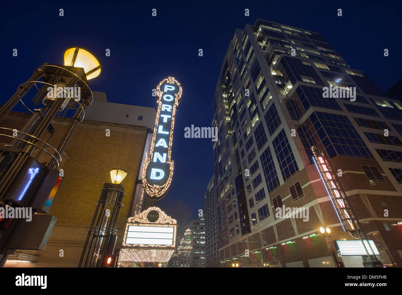 Broadway Portland Oregon Downtown Entertainment District at Evening Blue Hour with Blank Marquee Sign Stock Photo