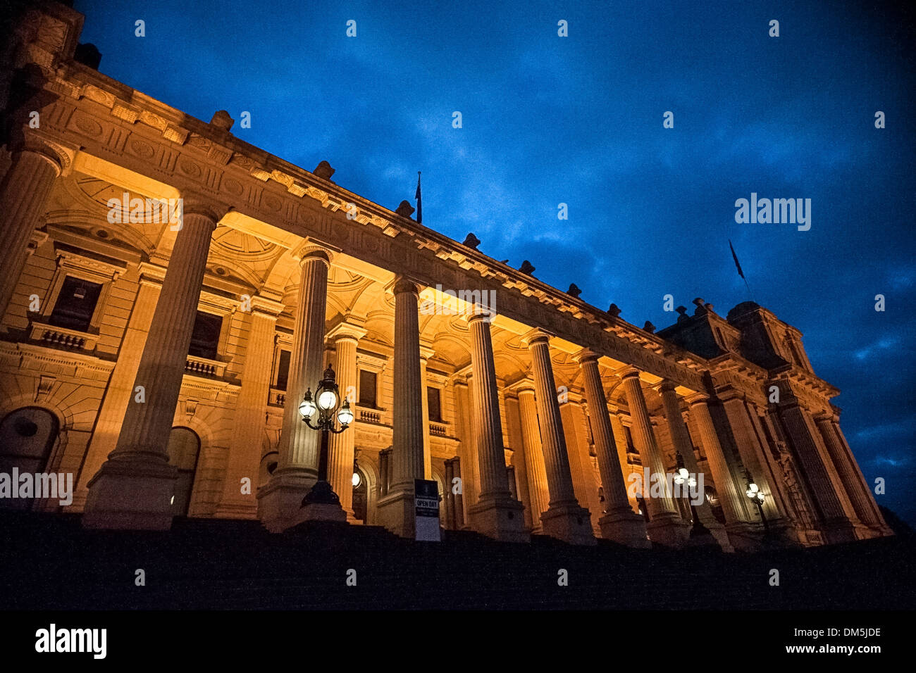 The elegant State parliament of Victoria at night, Australia where politicians and people's representatives debate and pass laws Stock Photo