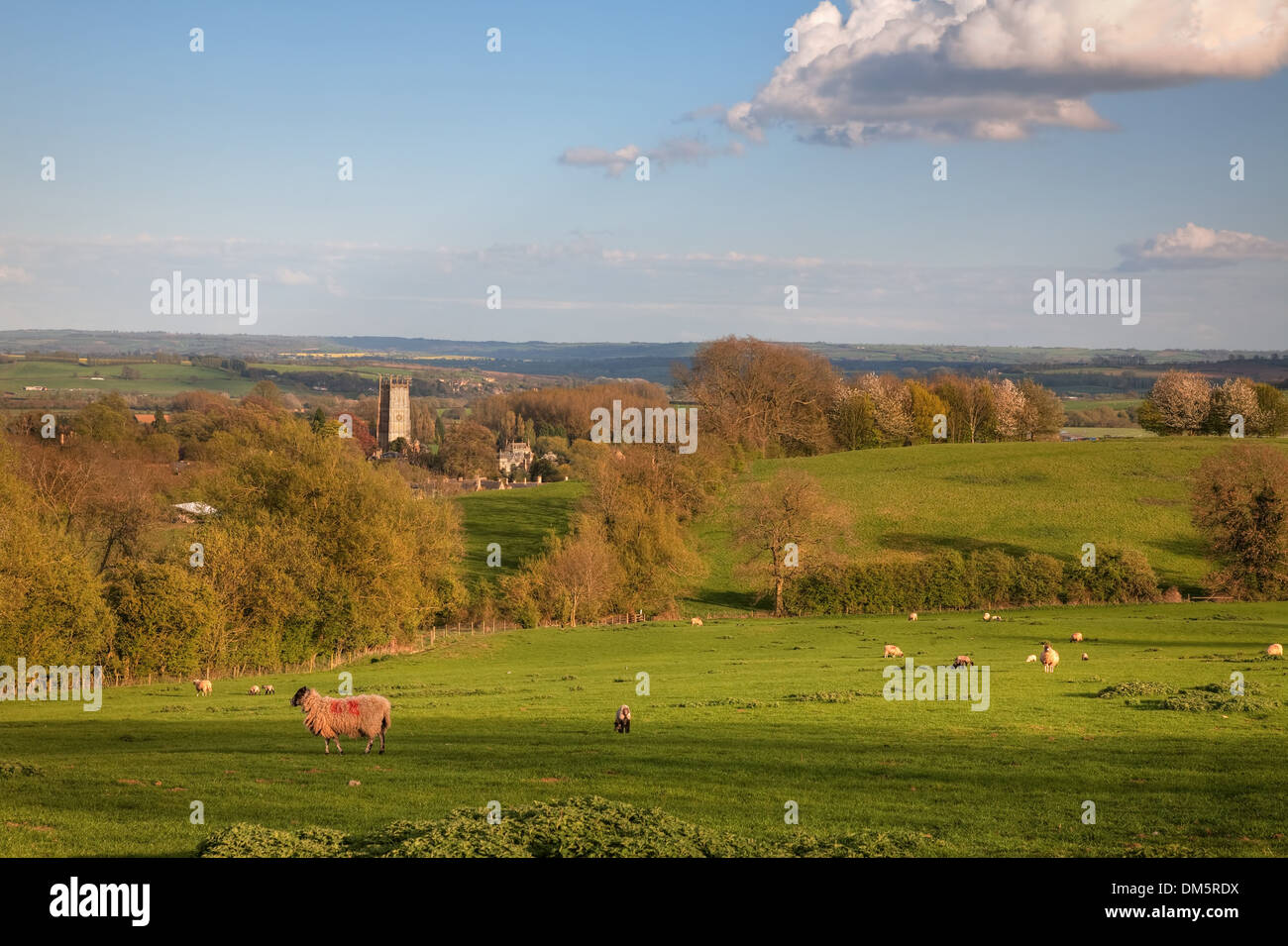 Looking over rural Gloucestershire towards the Cotswold town of Chipping Campden, England. Stock Photo