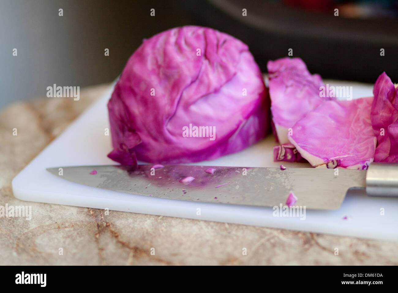 Red cabbage with knife Stock Photo Alamy