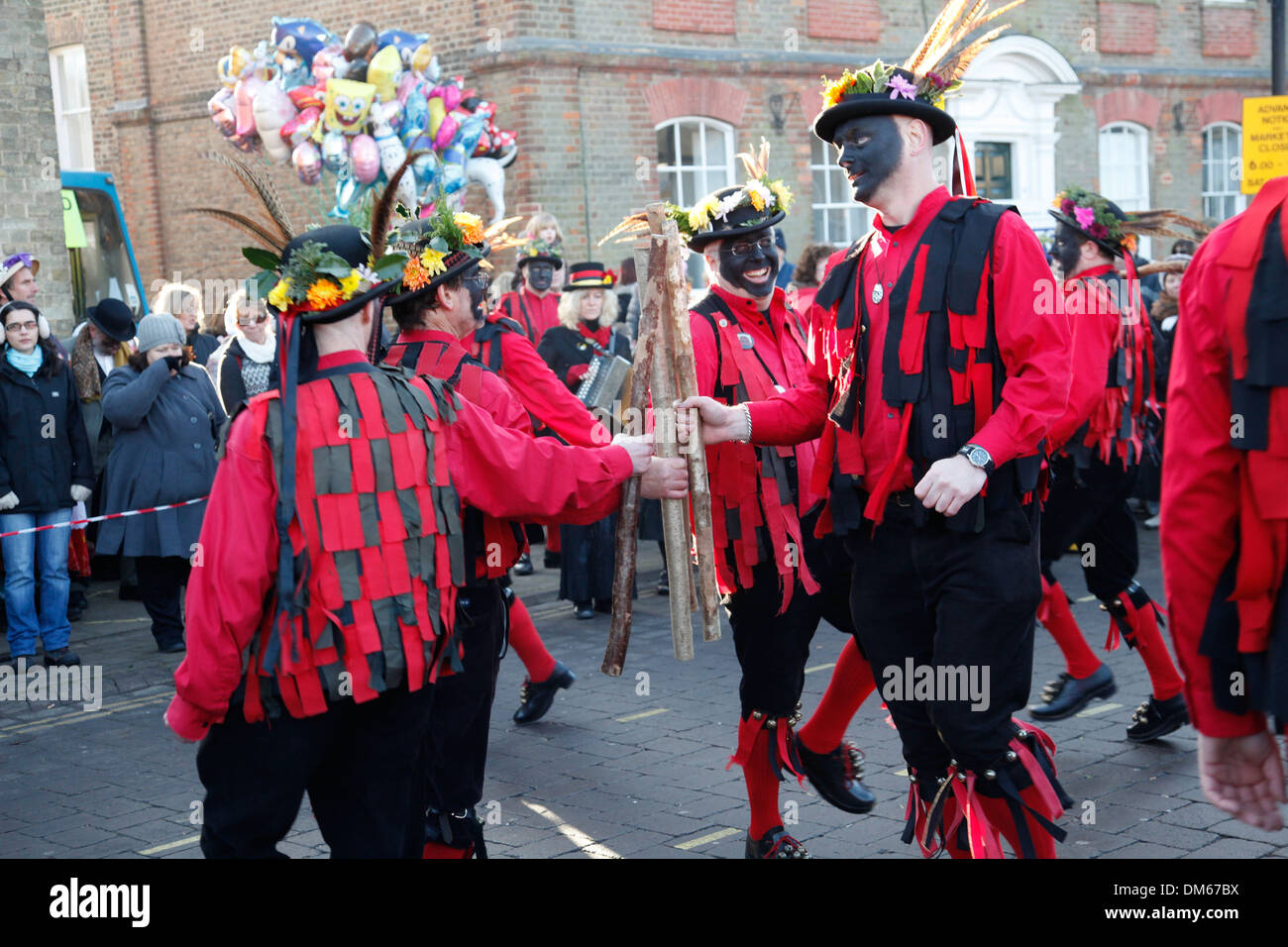 The Ironmen and Severn Morris Men perform in Whittlesey at the annual Straw Bear Festival, Whittlesey, UK Stock Photo