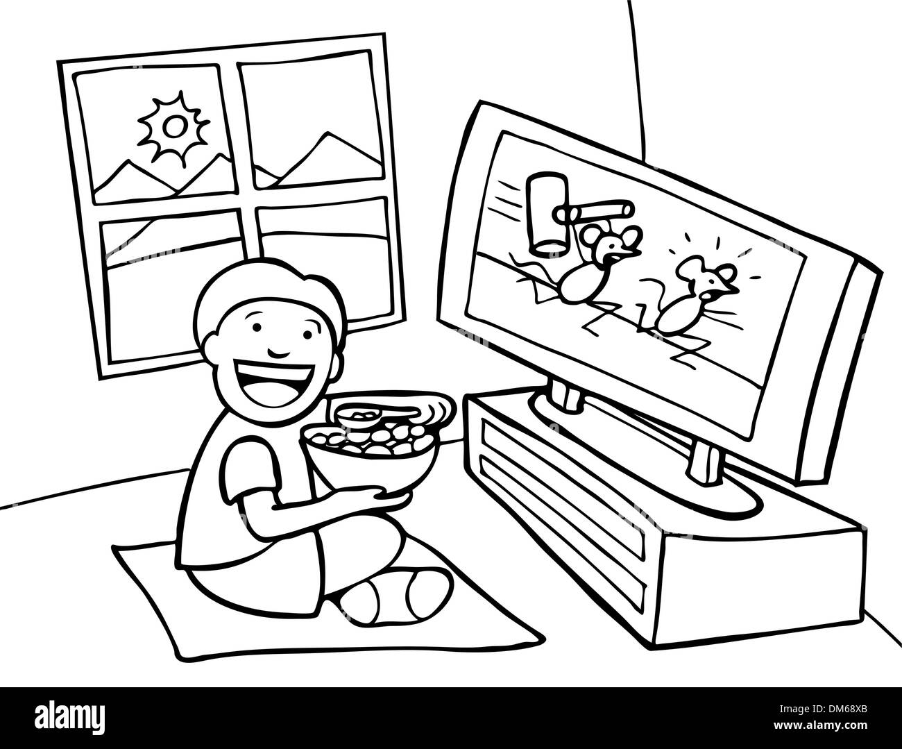 Kid watching TV - black and white Stock Vector