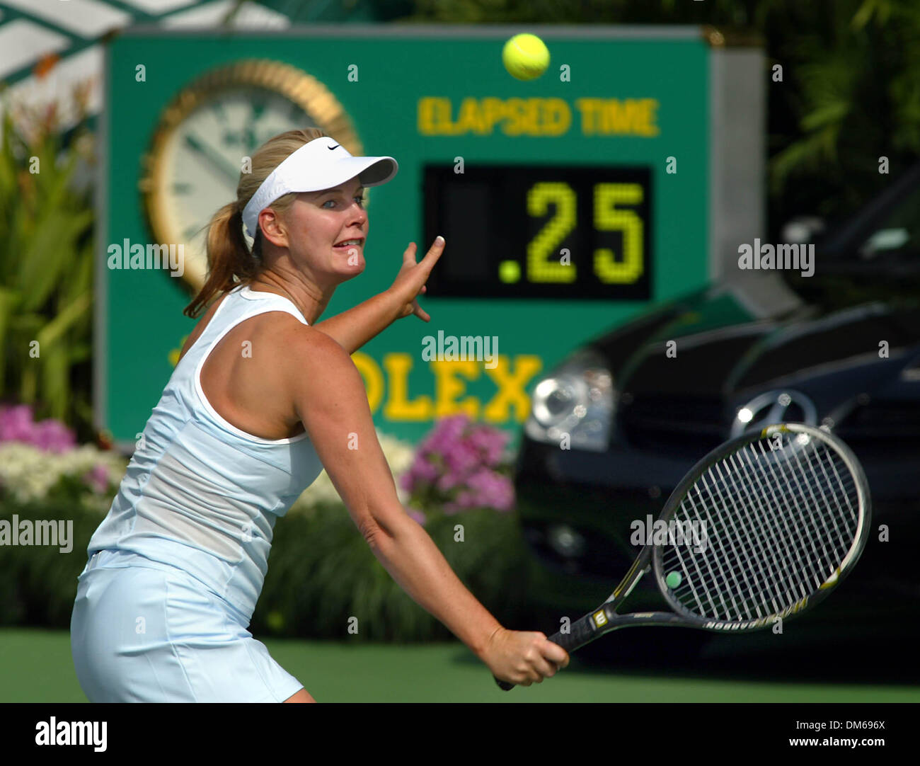 Dec 04, 2004; Palm Beach, FL, USA; Action at the Chris Evert/Bank of  America Pro-Celebriy Tennis Classic, Saturday at the Delray Beach Tennis  Center. Here MAEVE QUINLAN returns a shot during her