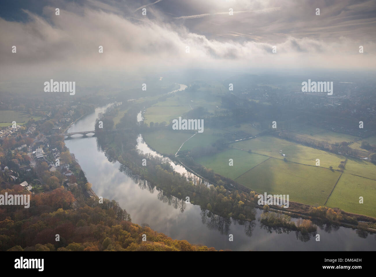 Aerial view, floodplains of the Ruhr River with autumnal clouds, morning fog, Mülheim an der Ruhr, Ruhr area Stock Photo