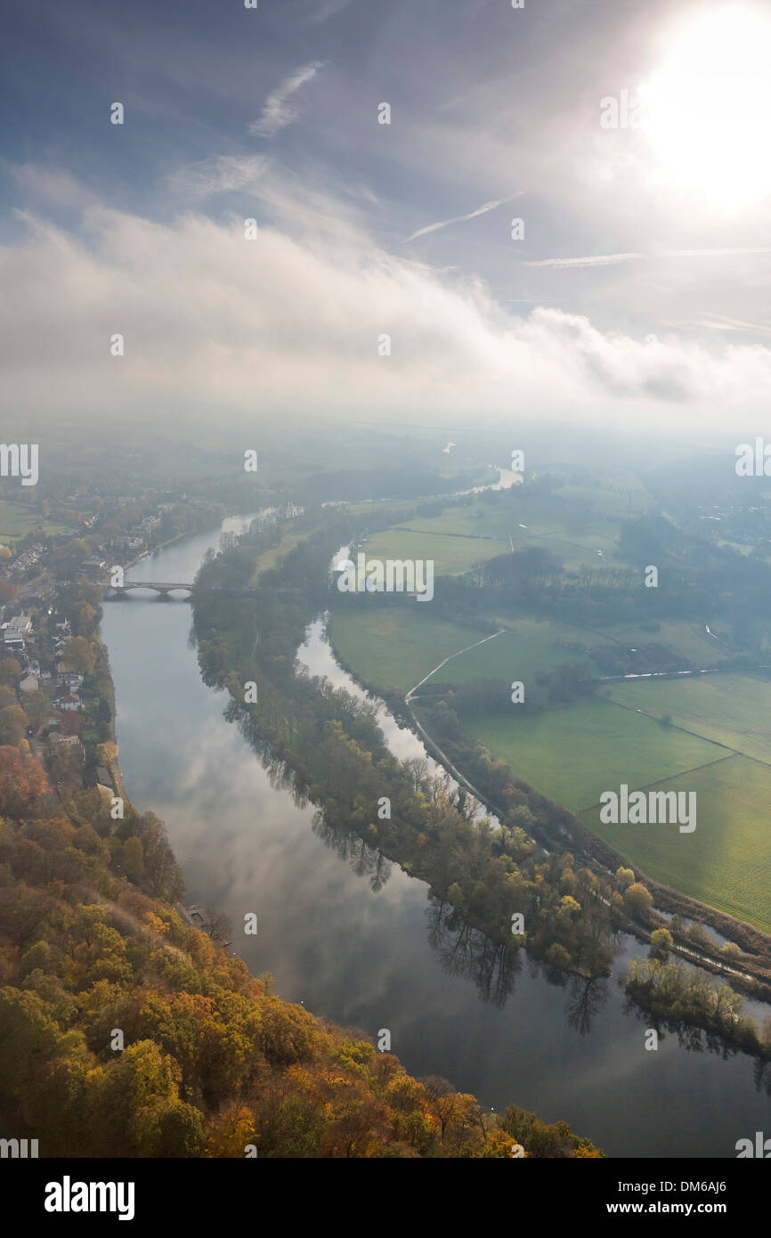 Aerial view, floodplains of the Ruhr River with autumnal clouds, morning fog, Mülheim an der Ruhr, Ruhr area Stock Photo
