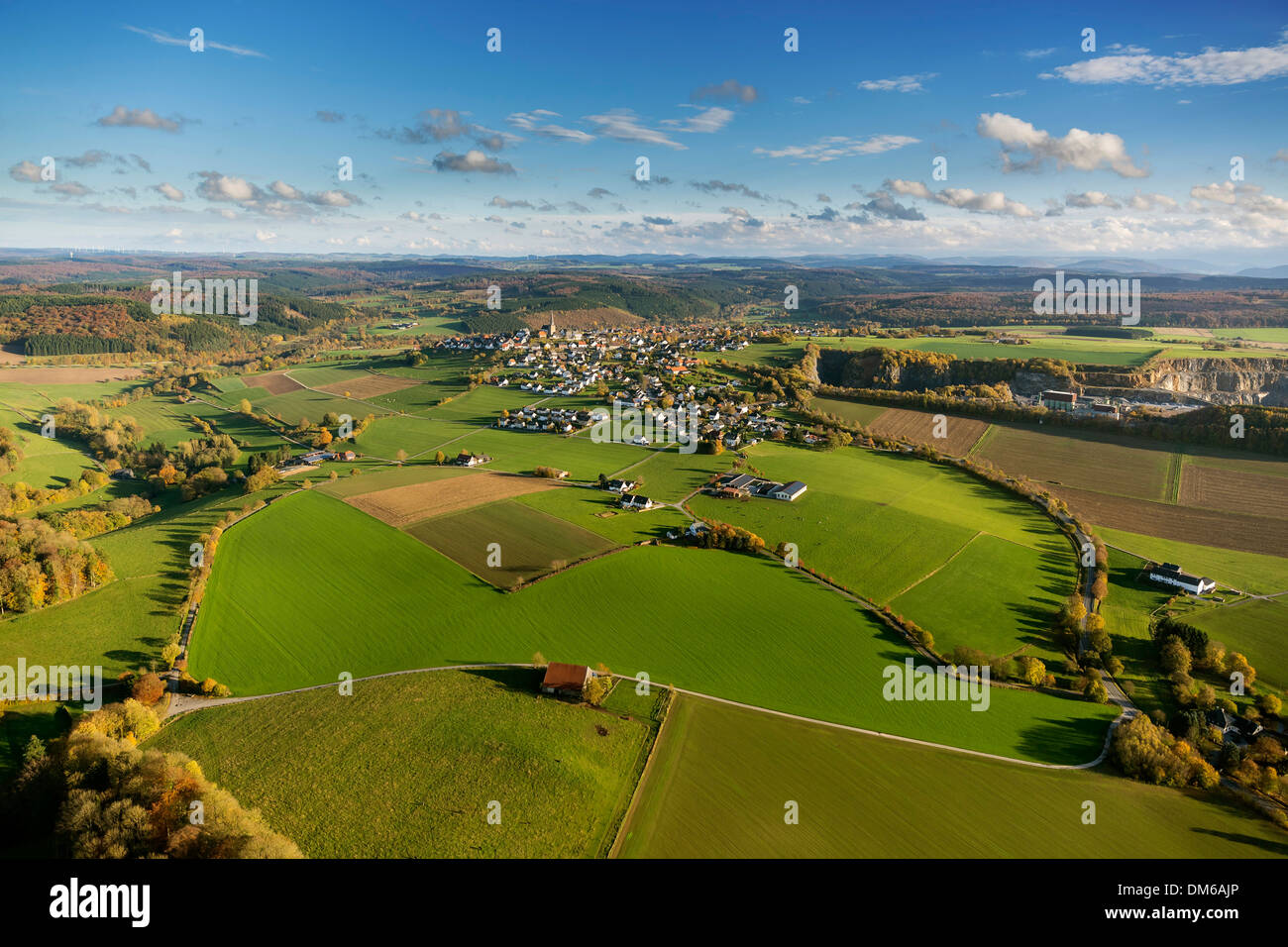 Aerial view, meadows at Kallenhardt, Rüthen, Sauerland area, North Rhine-Westphalia, Germany Stock Photo