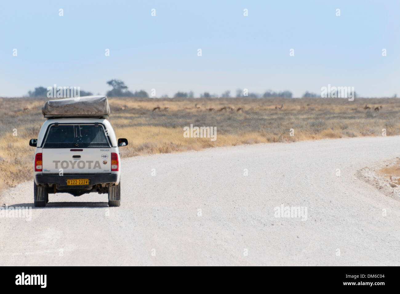 Toyota parking at the roadside, Etosha National Park, Namibia Stock Photo