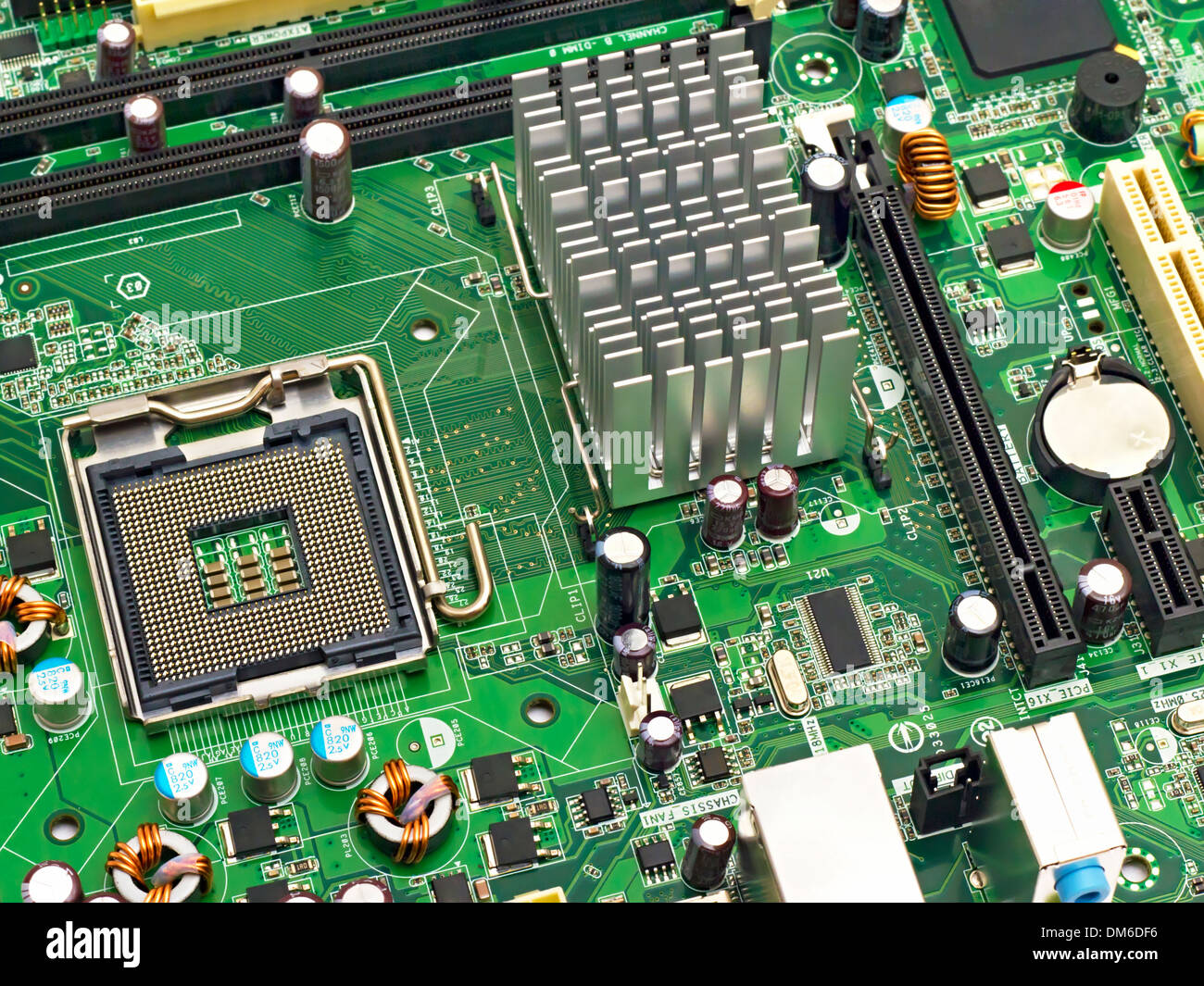 image of the motherboard without a PC processor closeup Stock Photo