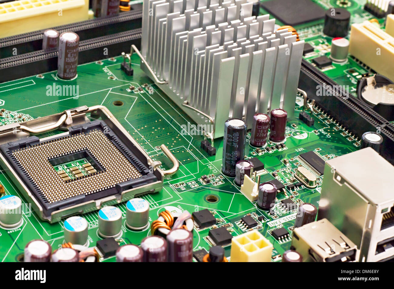 image of the motherboard without a PC processor closeup Stock Photo