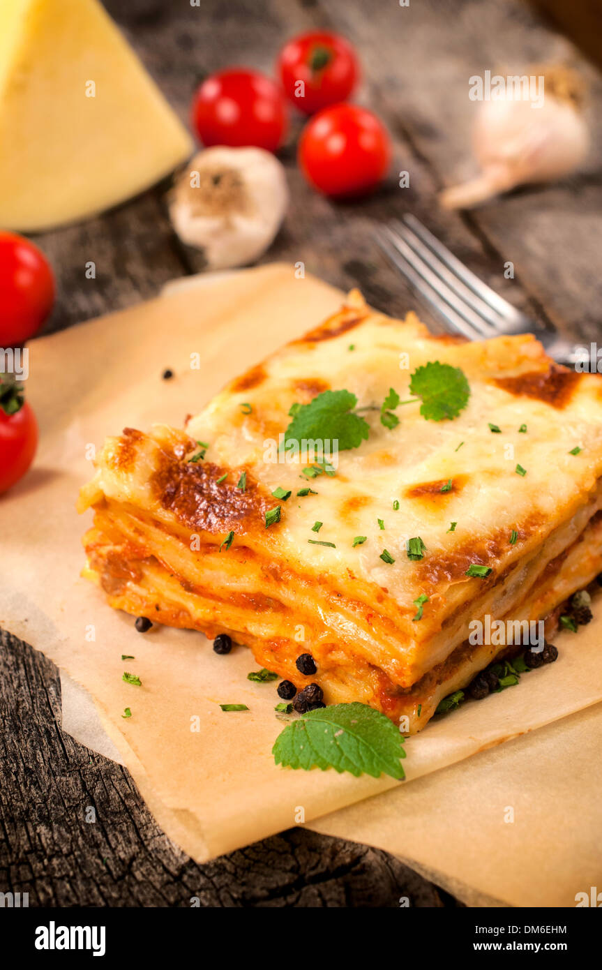 Traditional Italian lasagna with beef meat.Selective focus on the lasagna Stock Photo