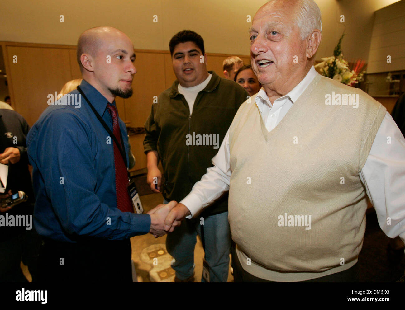 May 12, 2005; Los Angeles, CA, USA; Former Los Angeles Dodgers manager TOMMY LASORDA meets students during a Sports Journalism Workshop at the Los Angeles Dodgers Stadium. Mandatory Credit: Photo by Ringo H.W. Chiu/ZUMA Press. (©) Copyright 2005 by Ringo H.W. Chiu Stock Photo