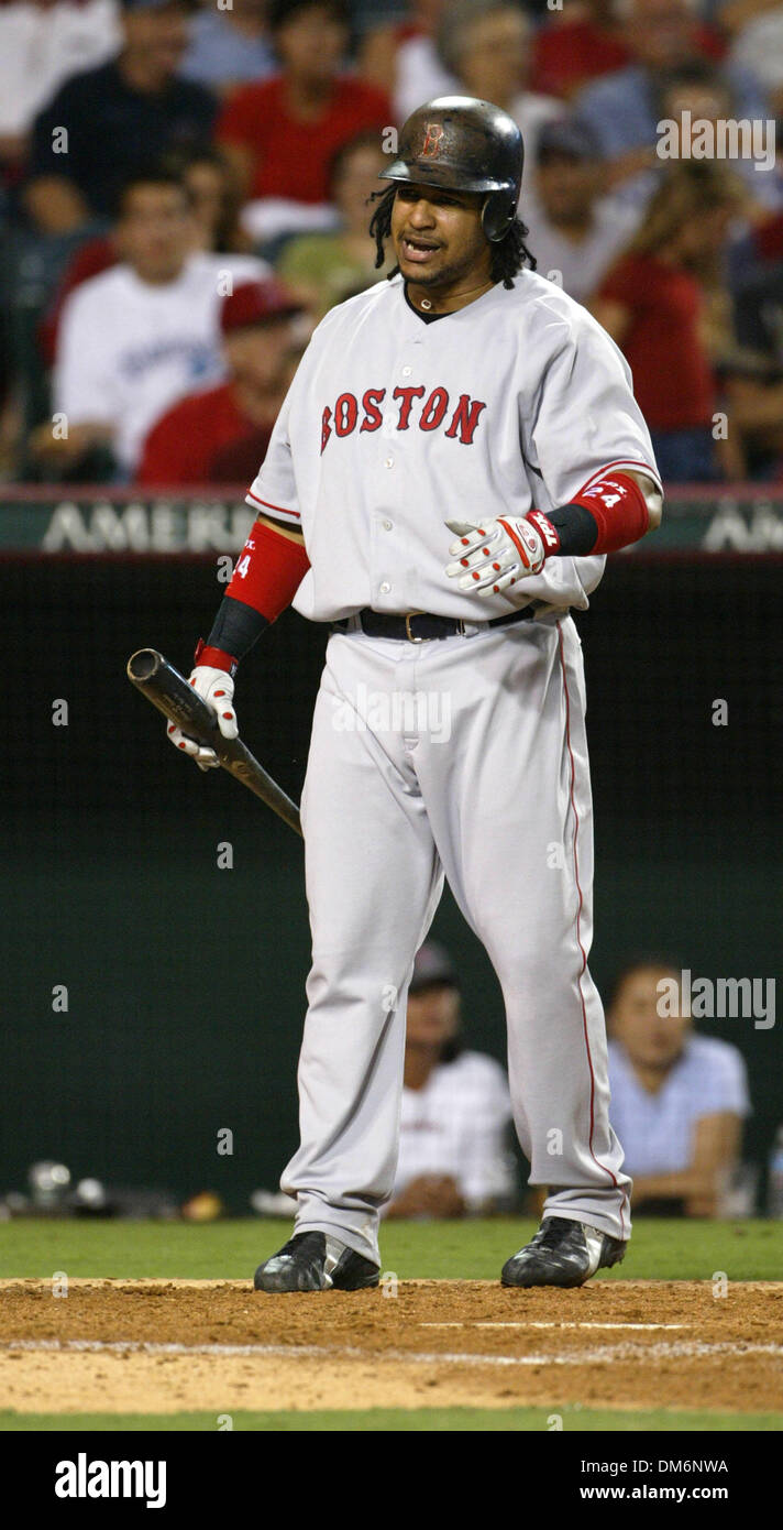 Aug 19, 2005; Anaheim, CA, USA; Manny Ramirez drove in the go-ahead run on  a groundout with the bases loaded in the 10th inning, leading the Boston  Red Sox to a 4-3