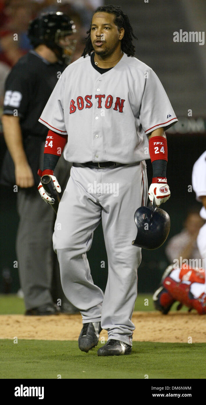 Aug 19, 2005; Anaheim, CA, USA; Boston Red Sox' Manny Ramirez reacts after  striking out to Los Angeles Angels starting pitcher John Lackey during the  thrid inning Friday, August 19, 2005, in