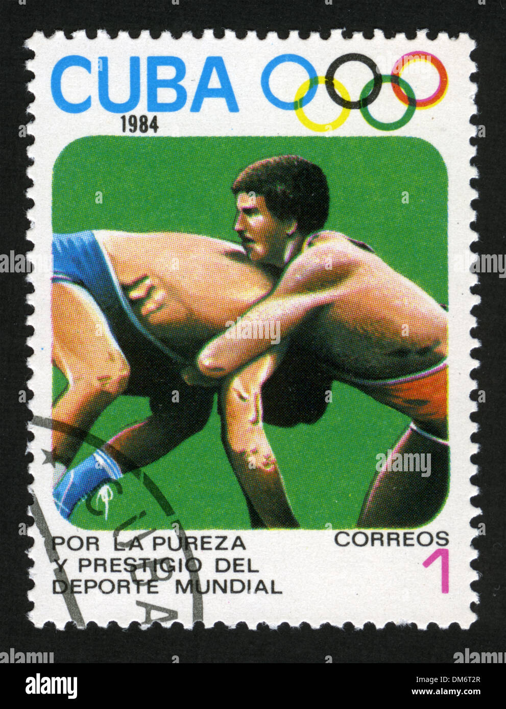 Cuba,post mark,stamp, Postage stamp from Cuba depicting Greco-roman wrestling. Stock Photo