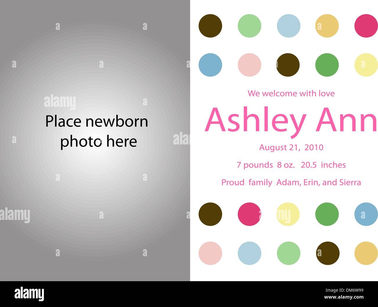 Female New born announcement, Add your own picture and stats Stock Vector