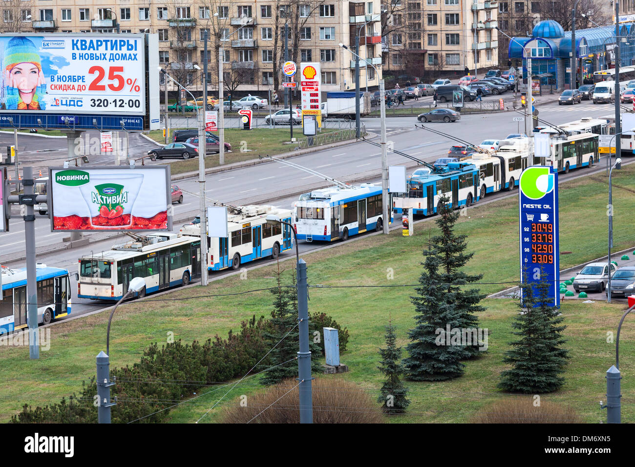 Jam from the trolleybuses on Leninsky Avenue due to the accident at the intersection. Saint-Petersburg, Russia Stock Photo