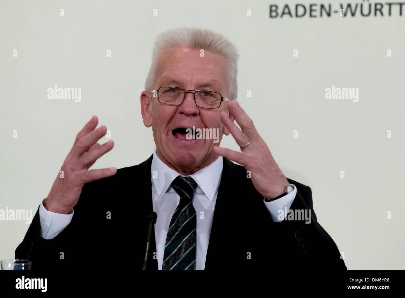 Berlin, Germany. December 12th, 2013. Press Conference with Prime Minister Kretschmann, Prime Minister Lieberknecht and Prime Minister Albig after Meeting/Conference of the heads of government of the Germany Federal states at the representation of Baden-Wuerttemberg in Berlin. / Picture: Winfried Kretschmann (Green), Old President of the Conference of Prime Ministers and Minister-President of Baden-Württemberg. Credit:  Reynaldo Chaib Paganelli/Alamy Live News Stock Photo