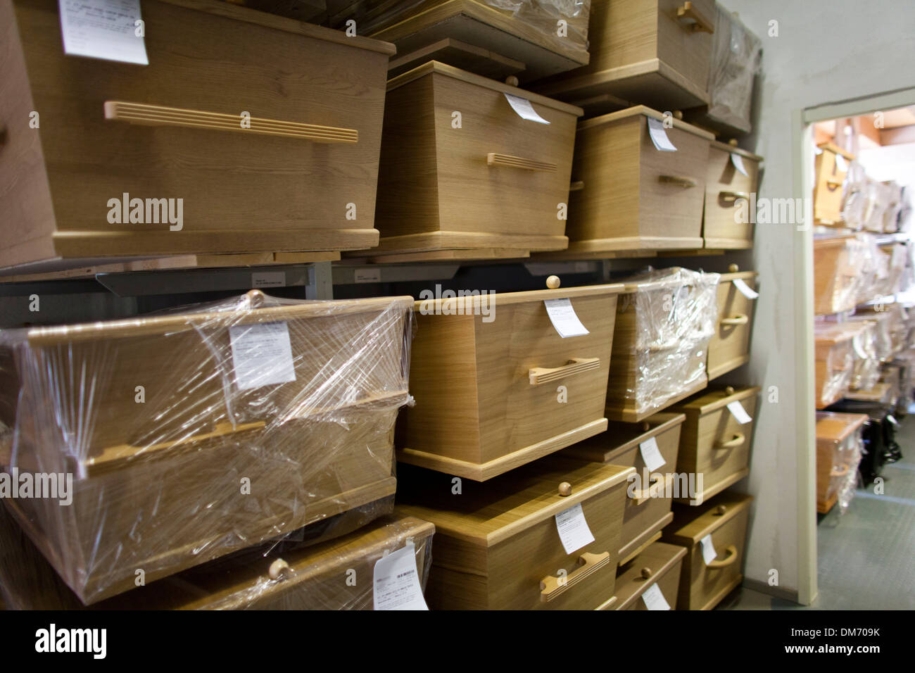 coffins at a morque in Holland Stock Photo