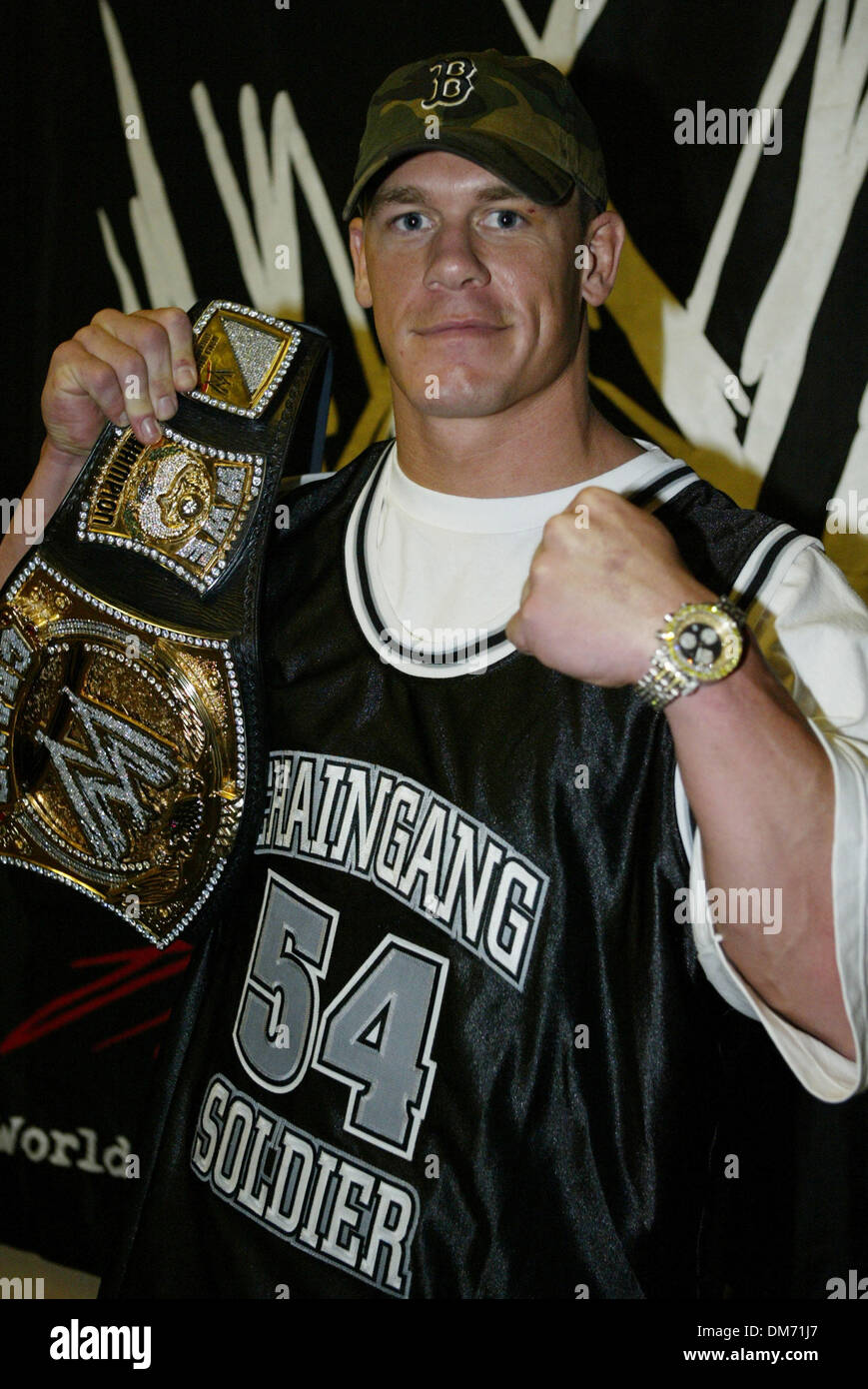 Jun 21, 2005; Las Vegas, NV, USA; WWE Champion JOHN CENA with Championship Belt at the WWE press conference at the Thomas and Mack Center in Las Vegas for the up coming 'Vengeance' Pay Per View on June 26, 2005. Mandatory Credit: Photo by Mary Ann Owen/ZUMA Press. (©) Copyright 2005 by Mary Ann Owen Stock Photo
