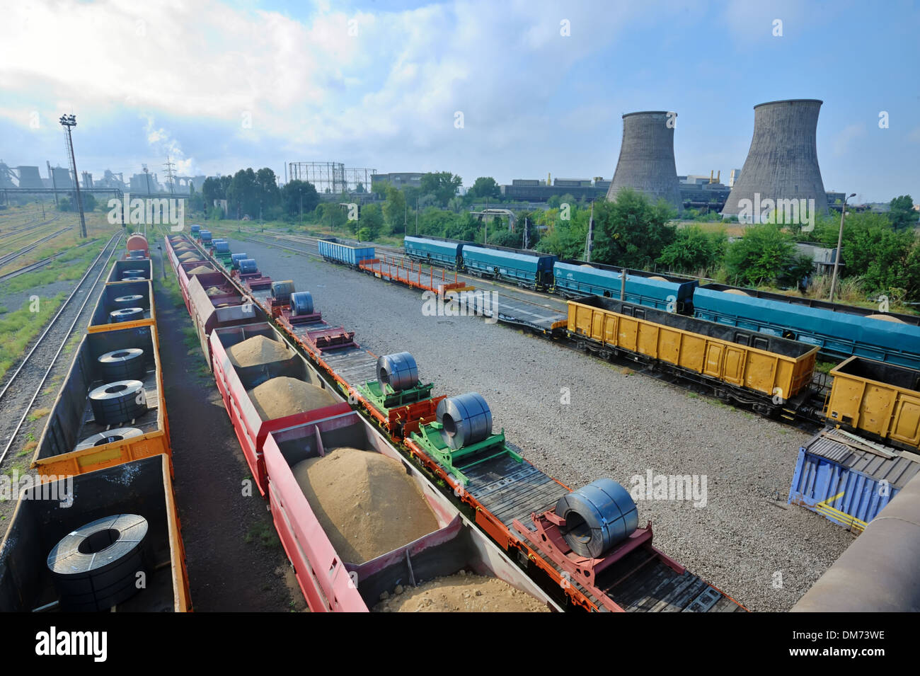 Cargo train platform with role steel seen from above Stock Photo
