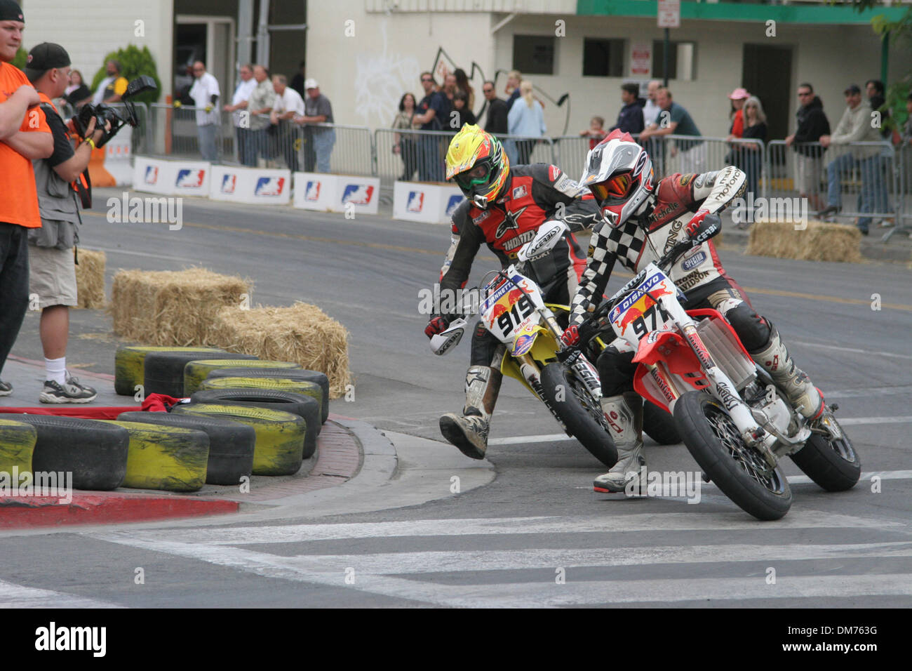 Oct 01, 2005; Reno, NV, USA; AMA Red Bull Supermoto A Go-Go held downtown Reno, Nevada. The urban course was comprised of pavement, dirt & urban cross sections built around the Circus Circus , Silver Legacy Resort Casino, Eldorado Hotel & Casino & the Harrah's Reno making it one of the toughest challenges AMA Supermoto faced all year. The Red Bull Supermoto A Go-Go series started 2 Stock Photo