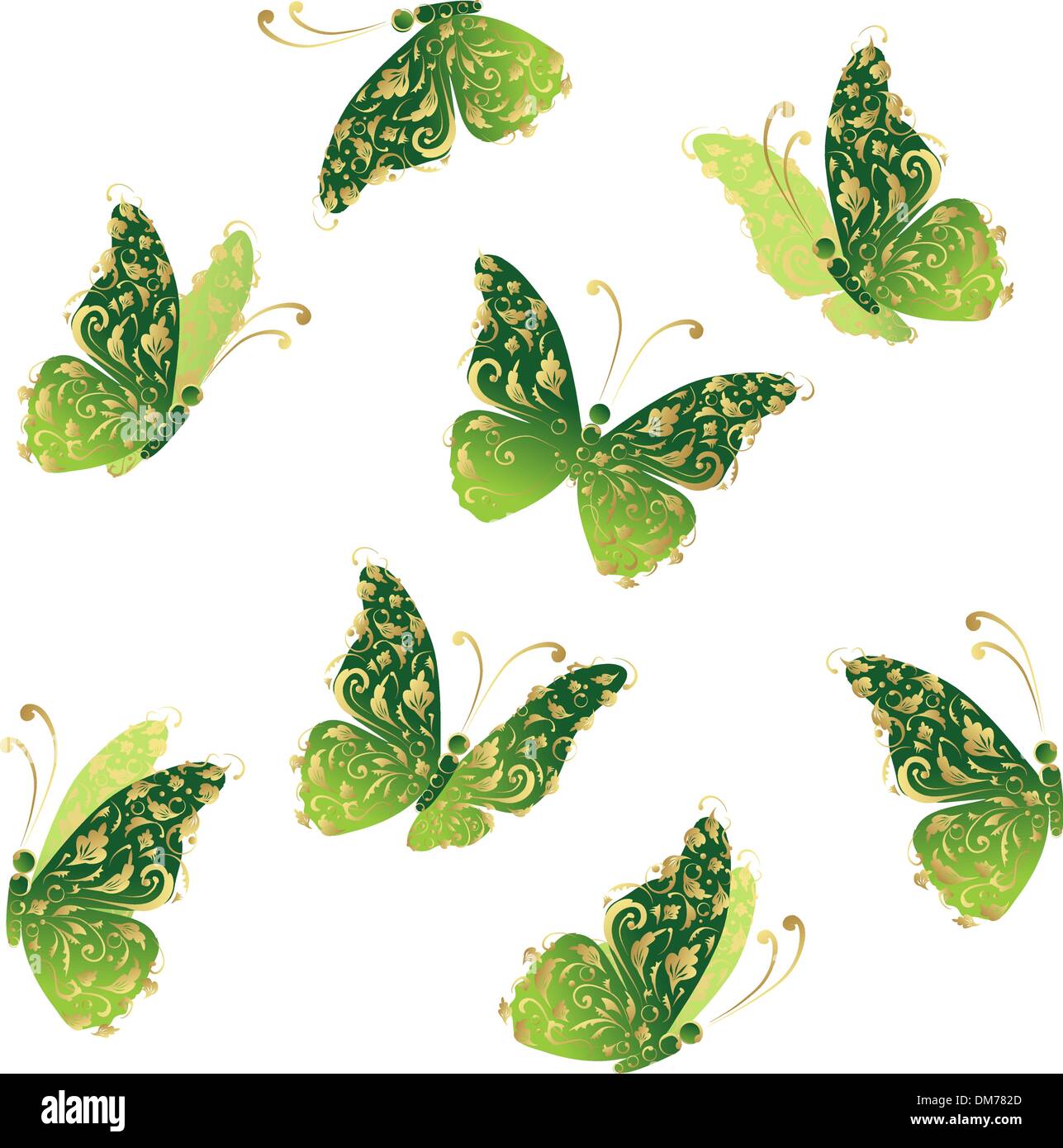 Green art butterfly flying, floral golden ornament Stock Vector
