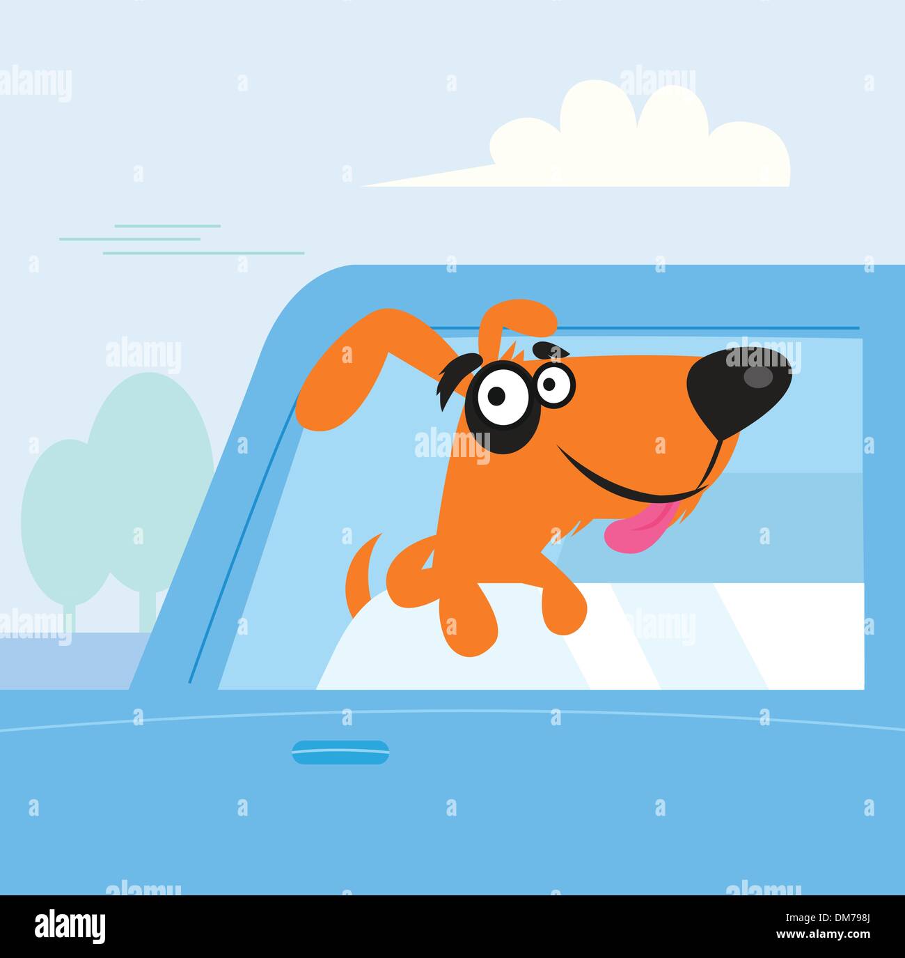 Happy brown and black dog travelling in blue car Stock Vector