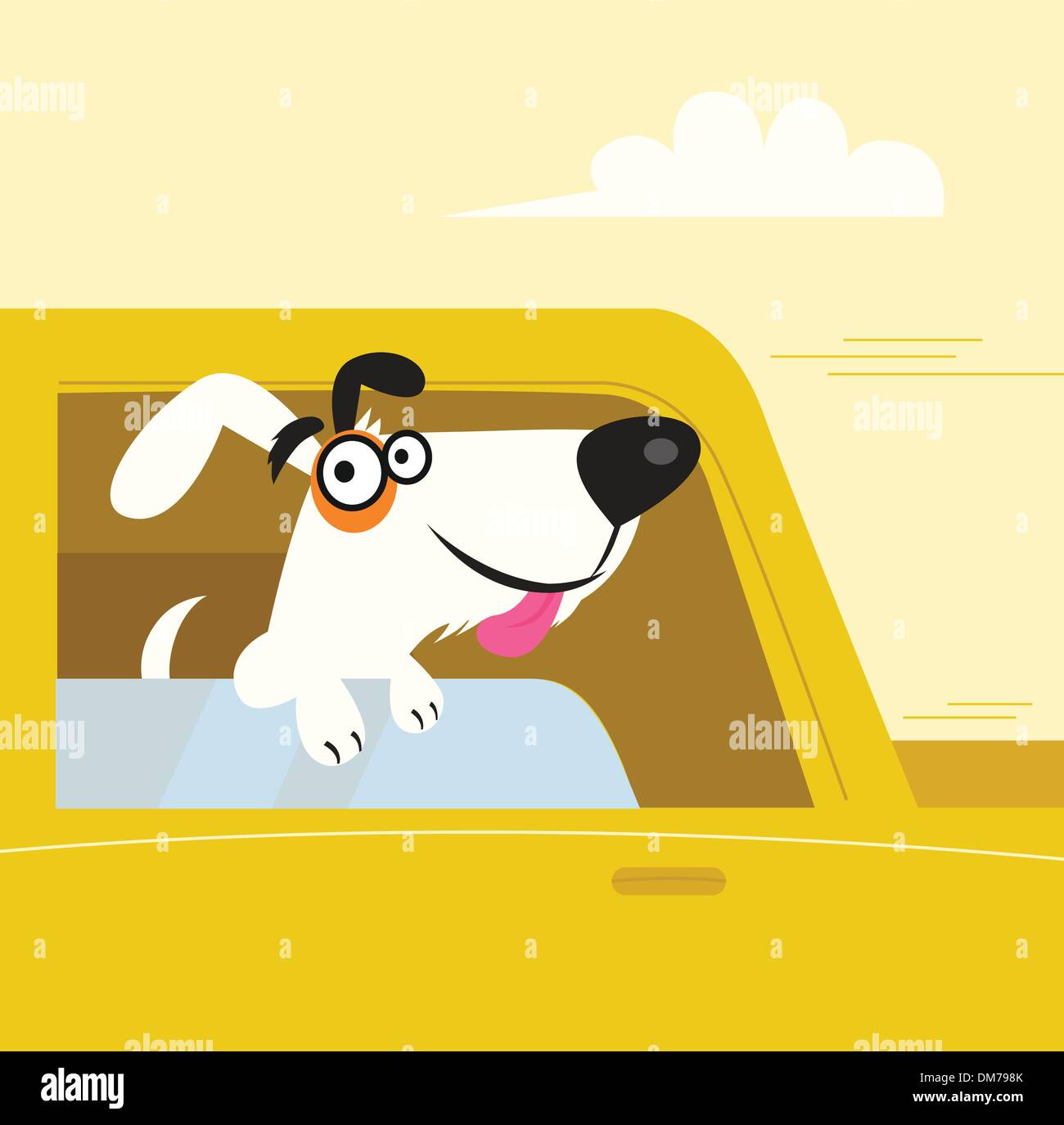 Happy black and white dog travelling in yellow car Stock Vector