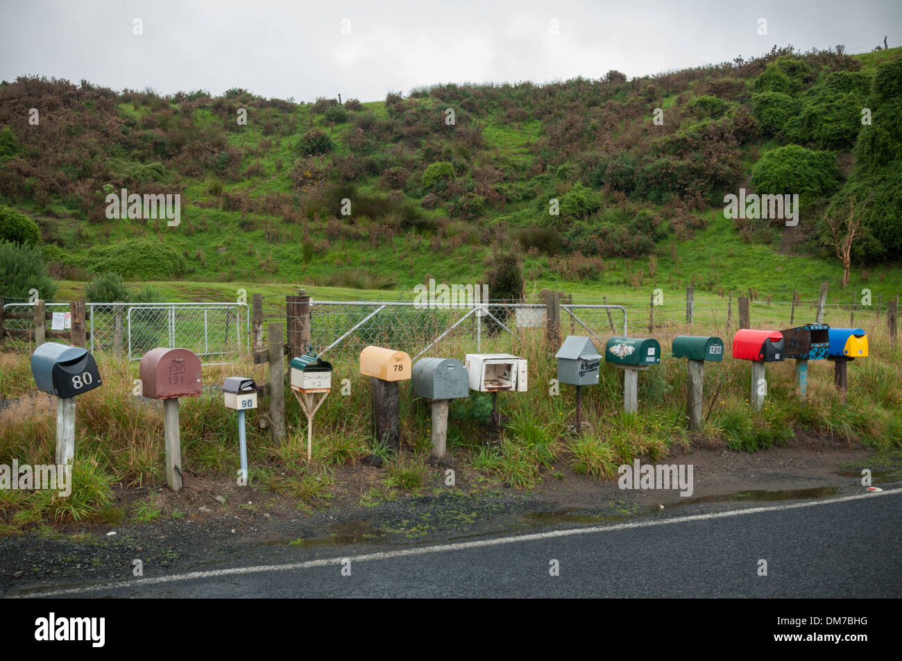 Postboxes on Harington Point Road, Otakou, near Dunedin, South Otago, South Island, New Zealand. Stock Photo