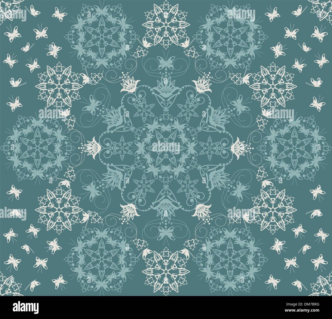 Seamless green flowers and butterflies pattern Stock Vector