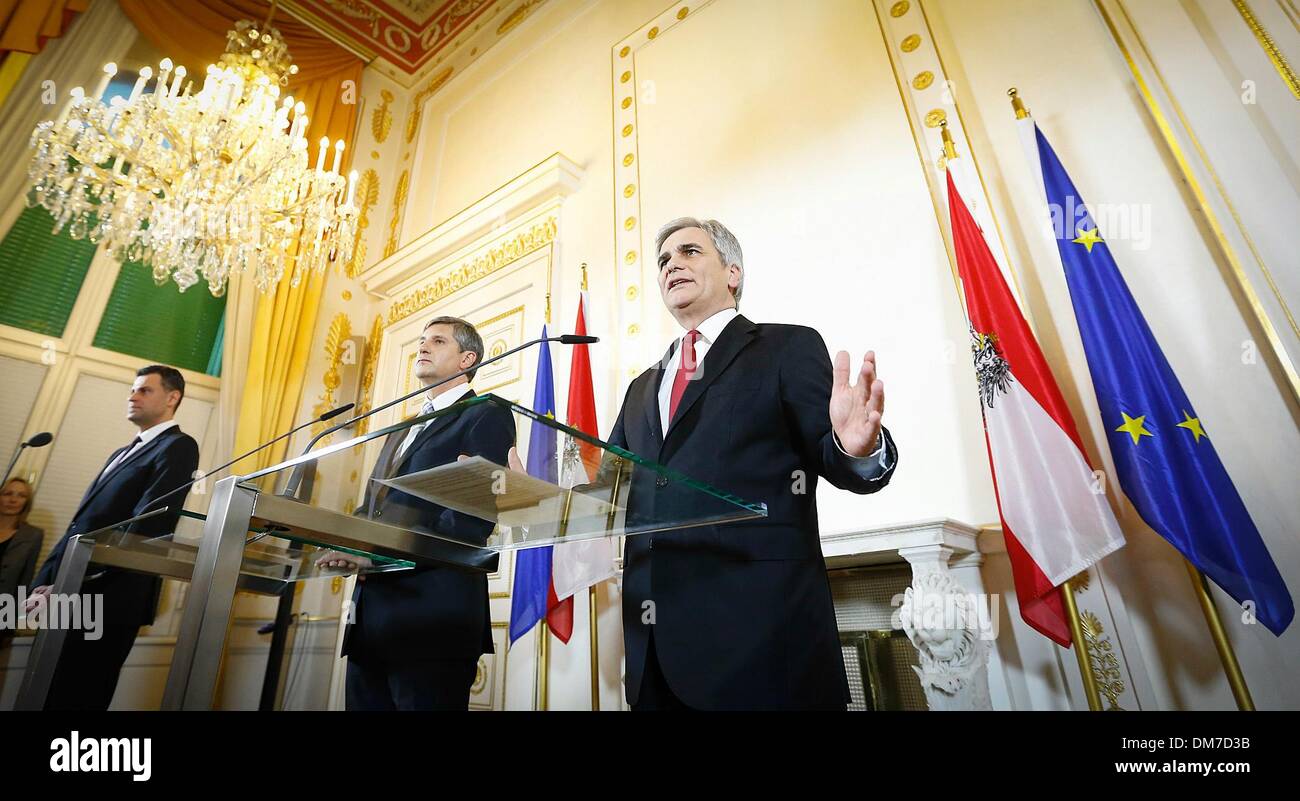 Vienna, Austria. 12th Dec, 2013. Werner Faymann (1st R), leader of the Social Democratic Party of Austria (SPOe) and Austrian Chancellor, and Vice-Chancellor Michael Spindelegger (2nd R) from the People's Party of Austria (OeVP) attend a press conference in Vienna, Austria, on Dec. 12, 2013. The SPOe and OeVP on Thursday reached an agreement to form a 'grand coalition' government. Credit:  Austrian Chancellery/Xinhua/Alamy Live News Stock Photo