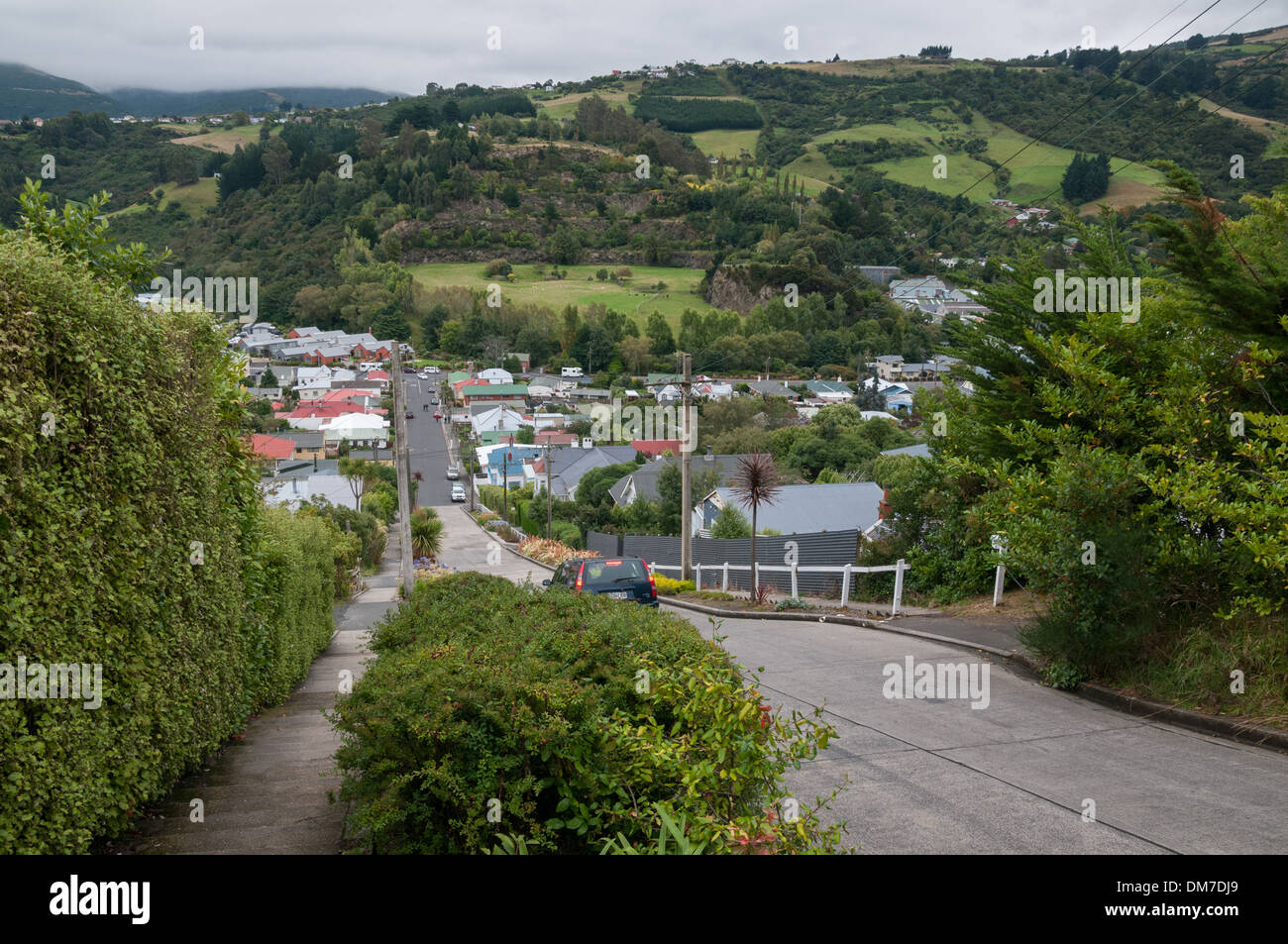 The World's steepest street, Baldwin Street, Dunedin, South Otago, South Island, New Zealand. Stock Photo