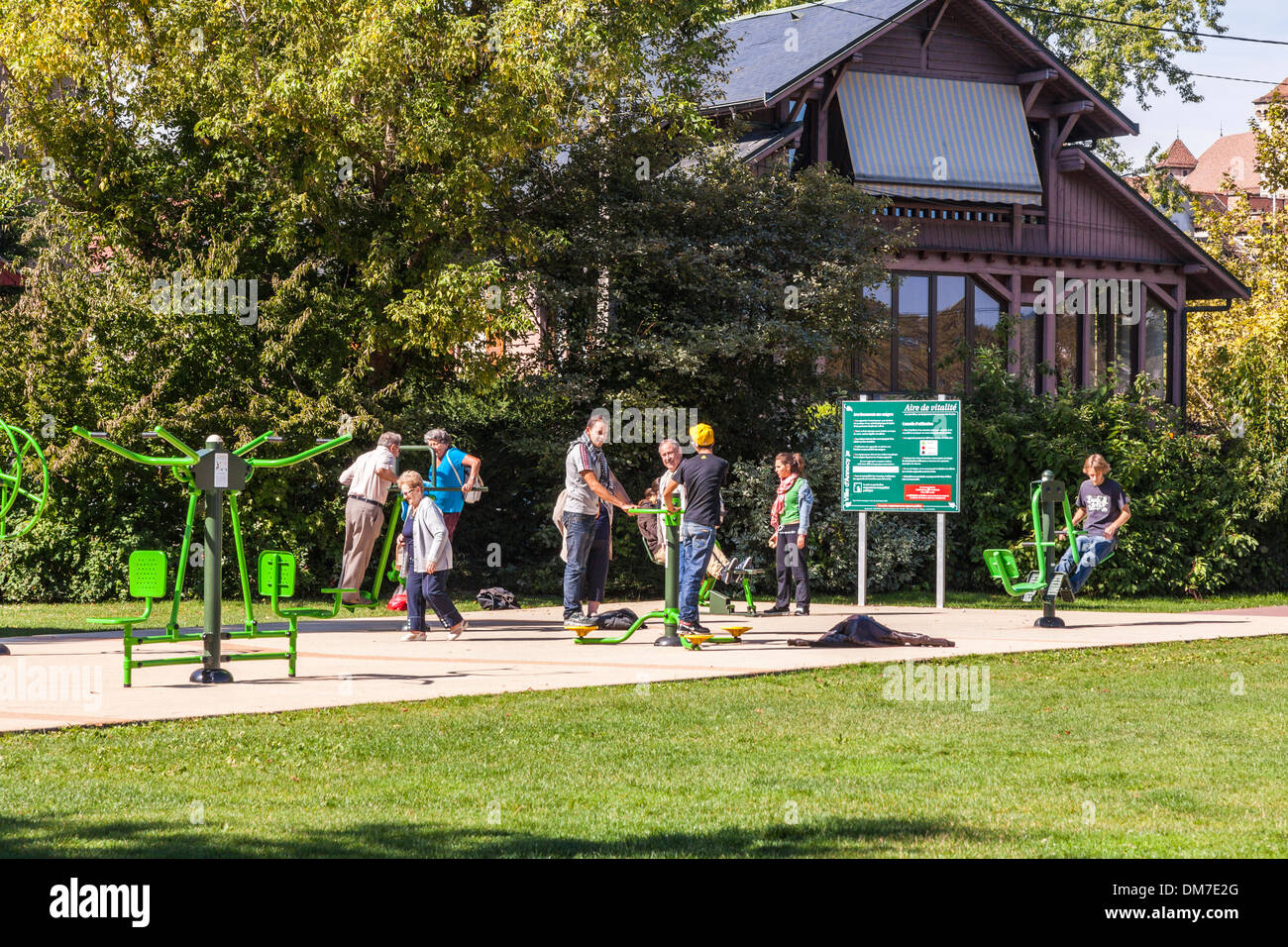 Open air health and fitness centre beside Lake Annecy, Annecy, Savoie, France Stock Photo