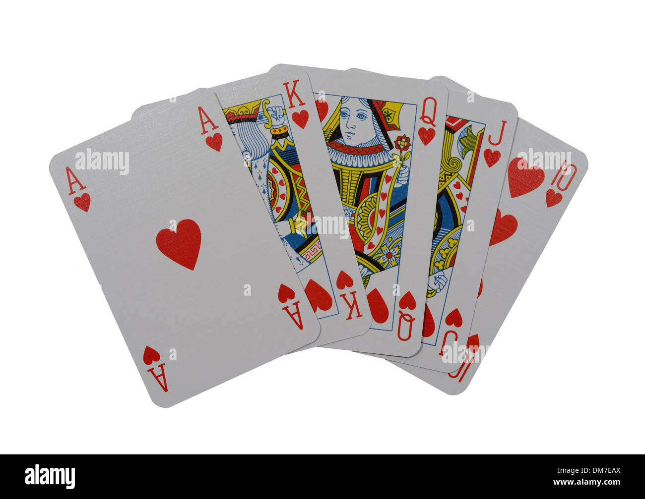 A hand of playing cards showing a royal flush isolated on a studio background Stock Photo