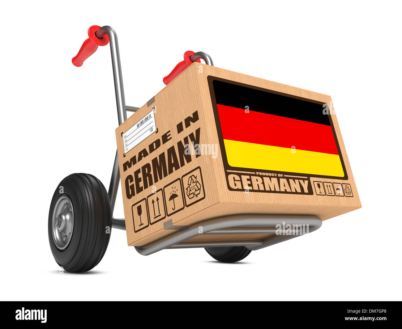 Made in Germany - Cardboard Box on Hand Truck. Stock Photo