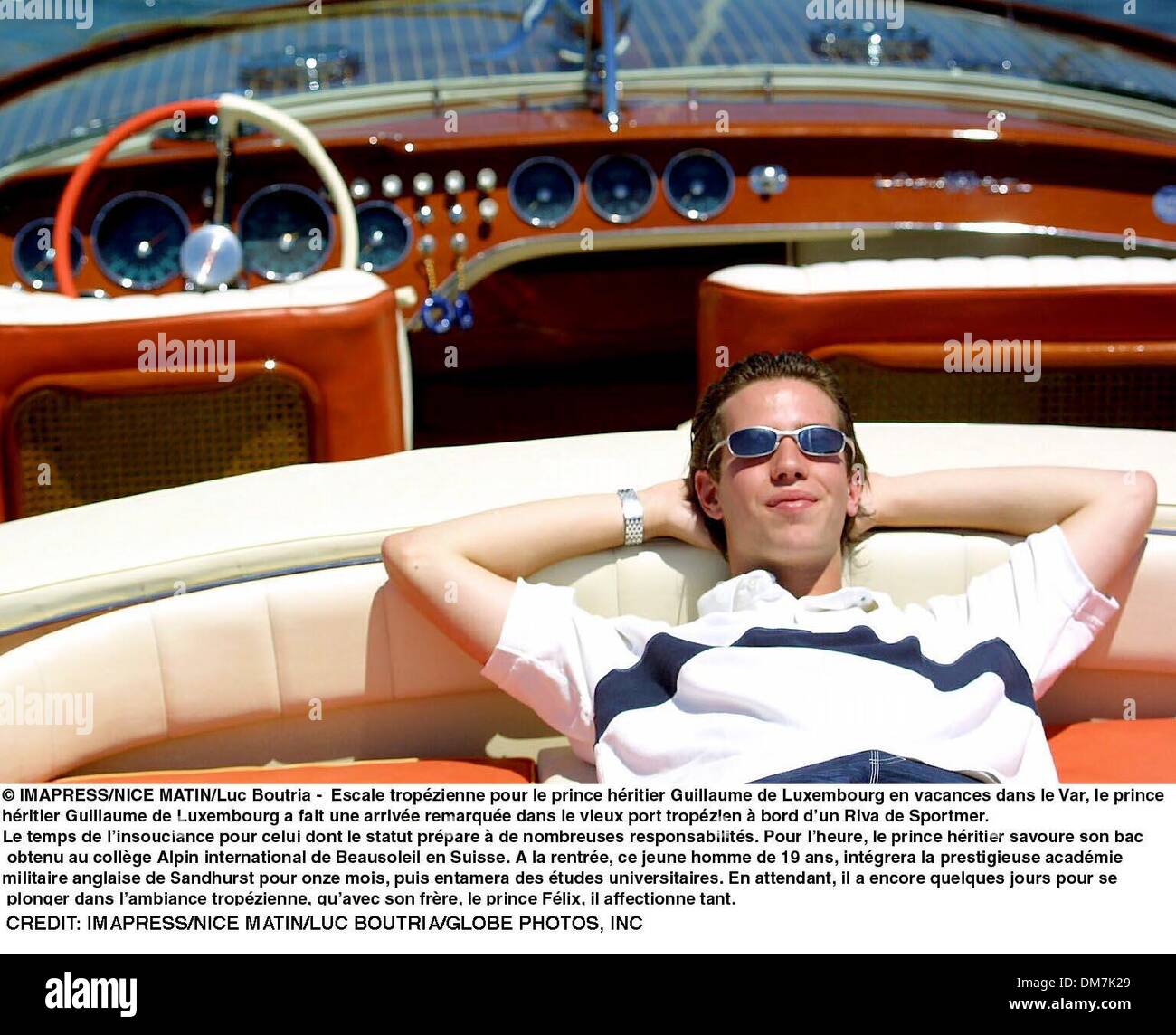 July 21, 2001 - VARMATIN SAINT-TROPEZ/LE PRINCE GUILLAUME DU LUXEMBOURG..TEXT.En vacances dans le Var, le prince hŽritier Guillaume de Luxembourg a fait une arrivŽe remarquŽe dans le vieux port tropŽzien ˆ bord dÕun Riva de Sportmer. Le temps de lÕinsouciance pour celui dont le statut prŽpare ˆ de nombreuses responsabilitŽs. Pour lÕheure, le prince hŽritier savoure son Stock Photo