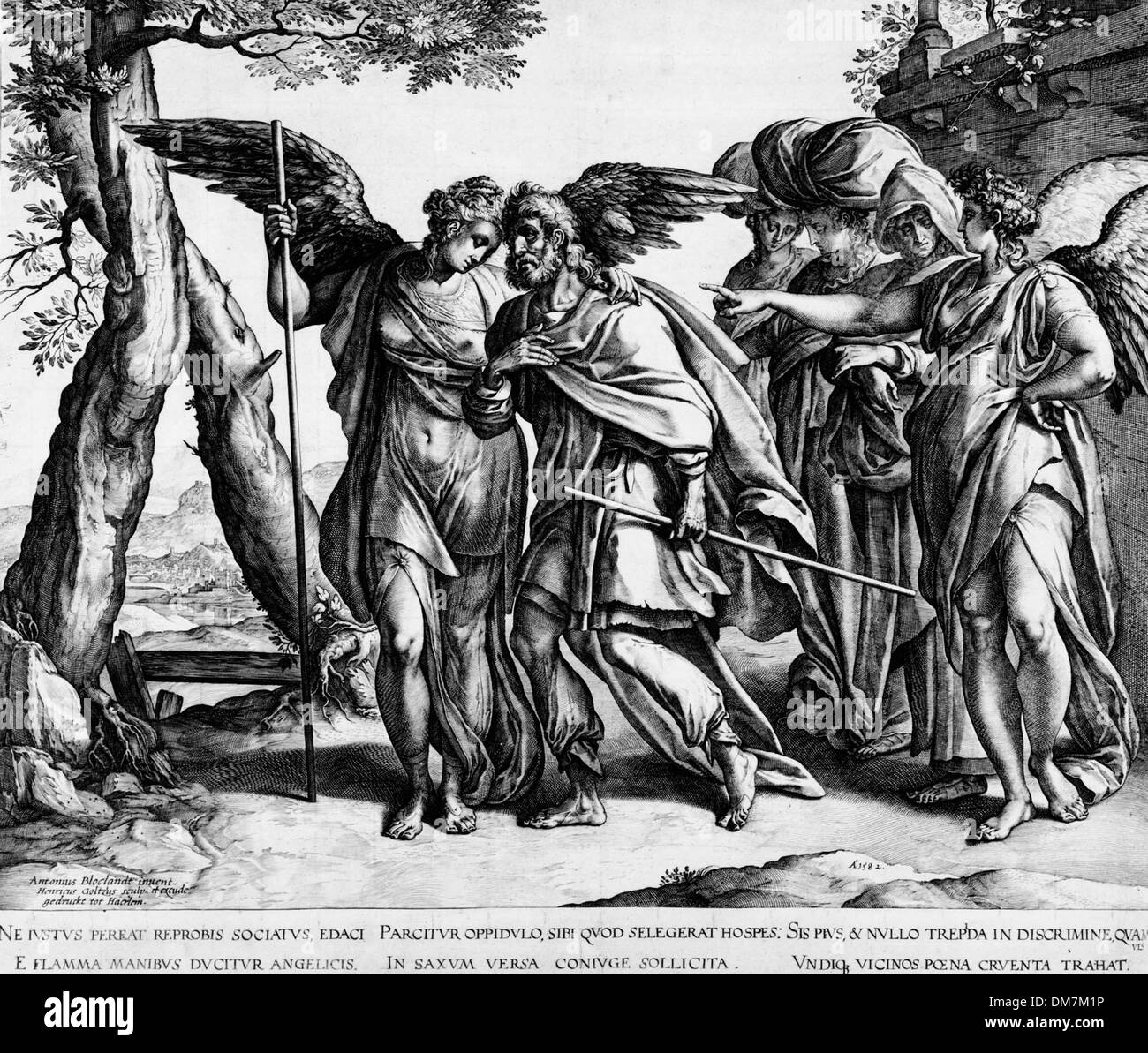 This artwork depicts the Biblical story of Lot and his daughters fleeing the city of Sodom. The scene portrays their hurried departure as the city is destroyed by fire and brimstone. The image highlights the themes of escape, divine wrath, and survival, focusing on the figures' expressions and movements as they leave the doomed city. Stock Photo