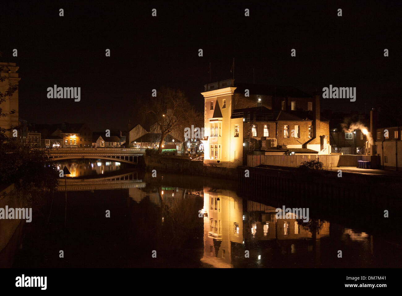 Night view of river Witham, White Hart Hotel and Town Bridge In Boston UK. Stock Photo
