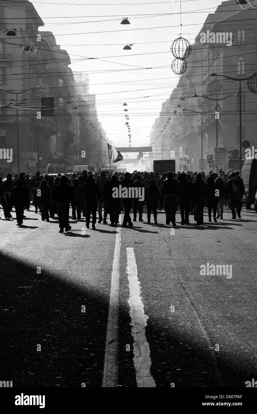 Milan, Italy. December 2013. The so-called 'Pitchfork' (Forconi) protest demonstrators invading Buenos Aires street Stock Photo