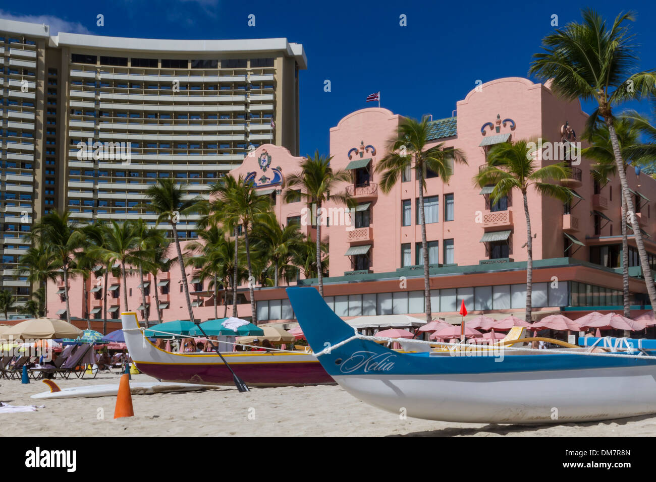 USA, Hawaii, Oahu, Honolulu, Waikiki beach & Royal Hawaiian hotel Stock Photo