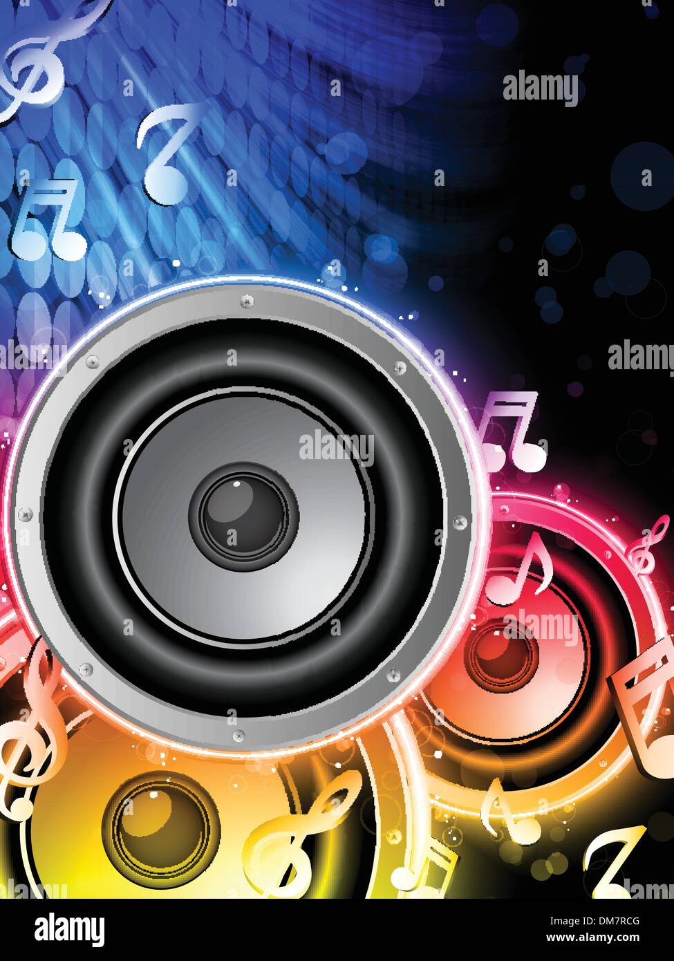 Disco Speaker with Music Notes in Neon Rainbow Circle Stock Vector