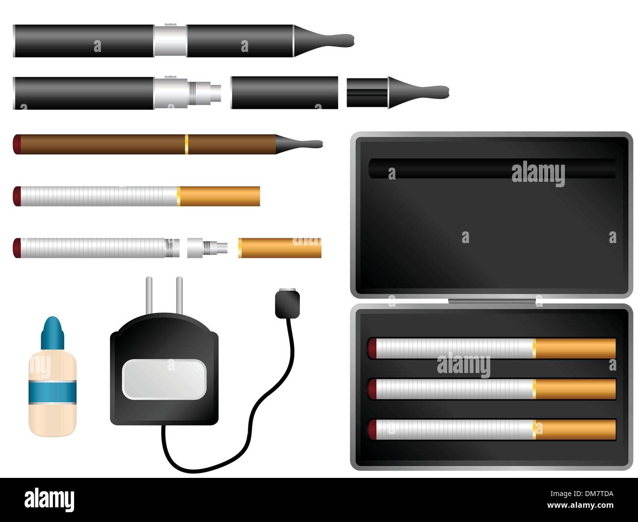 Electronic Cigarette Kit with Liquid, Charger and Case Stock Vector