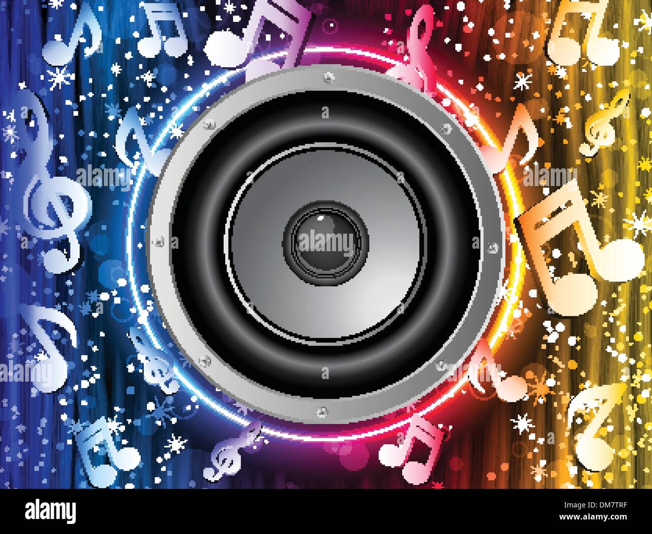 Disco Speaker with Music Notes in Neon Rainbow Circle Stock Vector