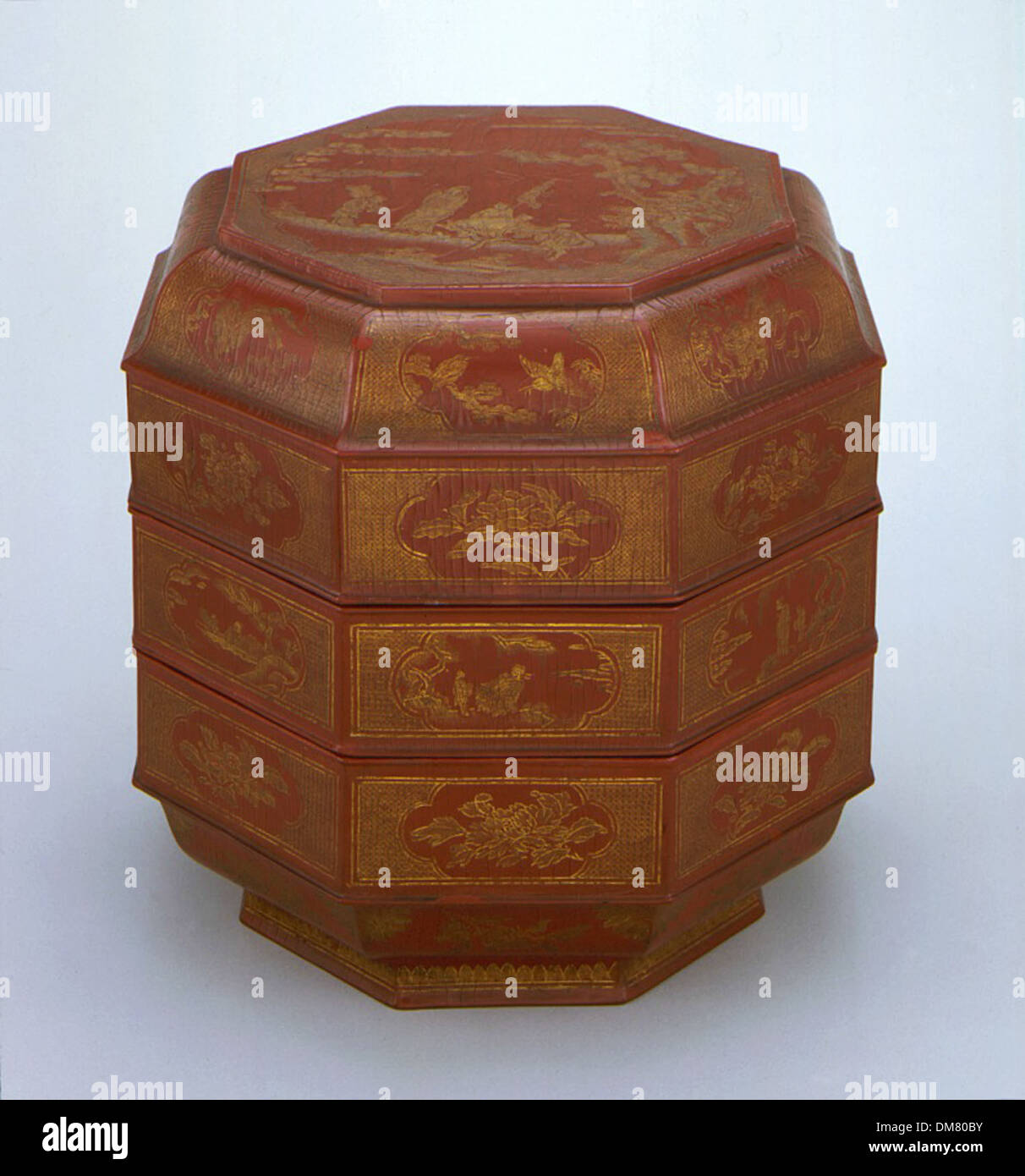 Octagonal Three-tiered Food Box (Bajiao Sanceng He) with Flowers and Cartouches Showing Scholars in Landscapes 82.207a-c Stock Photo