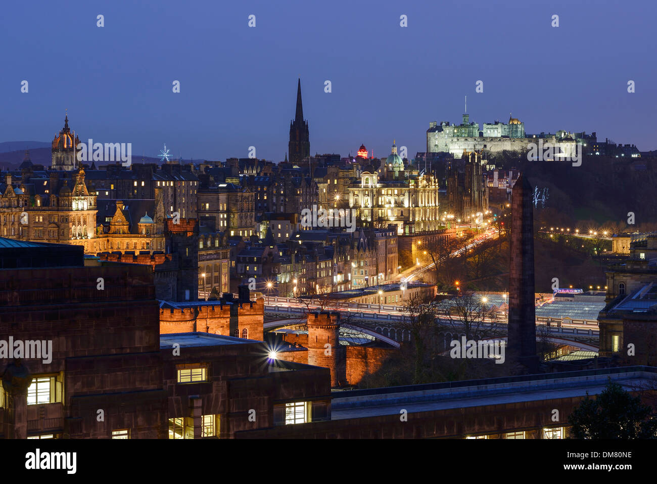 Edinburgh castle and cathedral at night viewed from Calton Hill Stock Photo